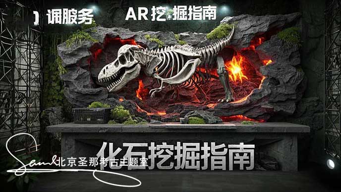 jimeng-2025-05-21-47-断层岩层造型服务台，3D打印火山岩背板镶嵌机械恐龙头动态模型，仿砂岩台面呈现恐龙骨骼化石纹理，暗红熔岩光效在灰绿色背景流动，金属网格装饰与苔藓墙结合，AR屏幕....jpeg