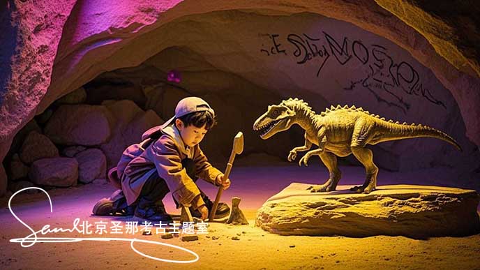 jimeng-2025-05-21-120-这张图片呈现了一个充满趣味的考古场景 。周围环境被黄光和粉紫色灯光笼罩，营造出神秘氛围。小朋友身处仿真山洞的空间内，在模拟的考古探险情境中探索，体验发现宝藏....jpeg