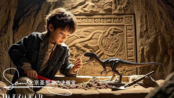 jimeng-2025-05-21-121-这张图片呈现了一个充满趣味的考古场景 。周围环境被漂亮的灯光笼罩，营造出神秘氛围。小朋友身处仿真山洞的空间内，在模拟的考古探险情境中探索，体验发现宝藏的乐趣....jpeg