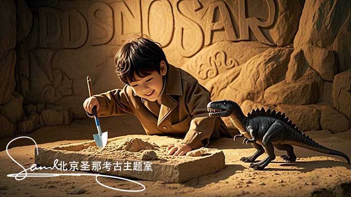 jimeng-2025-05-21-122-这张图片呈现了一个充满趣味的考古场景 。周围环境被漂亮的灯光笼罩，营造出神秘氛围。小朋友身处仿真山洞的空间内，在模拟的考古探险情境中探索，体验发现宝藏的乐趣....jpeg