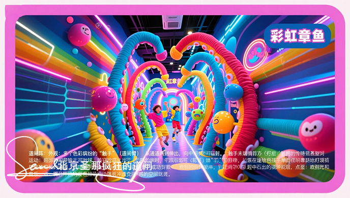 jimeng-2025-06-21-4774-“彩虹章鱼”道闸阵_外观： 多个色彩缤纷的“触手”（道闸臂）从通道两侧伸出，向中....jpeg